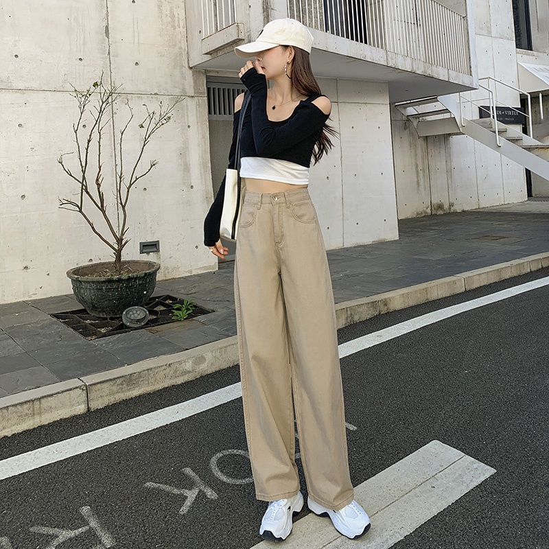 Jeans Khaki  Highwaist Wanita Loose Khaki brown