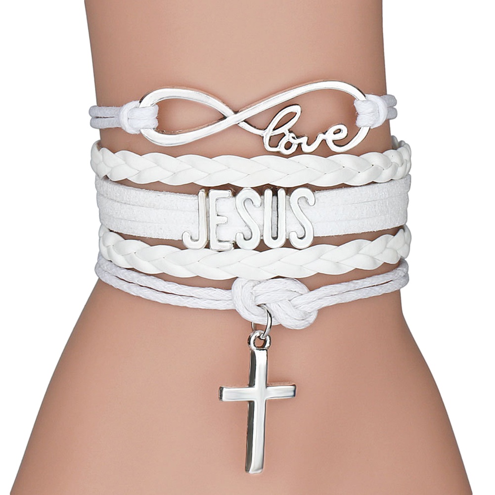 Hu Hu Hu Hu Hu Alat Bantu Pasang Kacamata♡ Infinity Gelang Tali Kepang Multilayer Dengan Charm Salib Yesus Love JESUS Untuk Priawanita