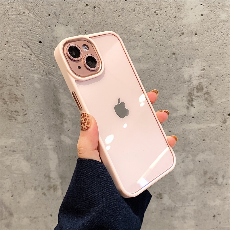 Color border case iphone camera protector 11 pro max 13 12 pro max simple transparent metal shiny lens drop shockproof protective case