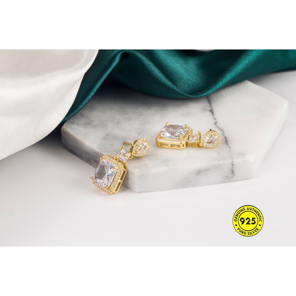 Anting Bahan Sterling Silver 18K Gold Bentuk Persegi Aksen Zircon