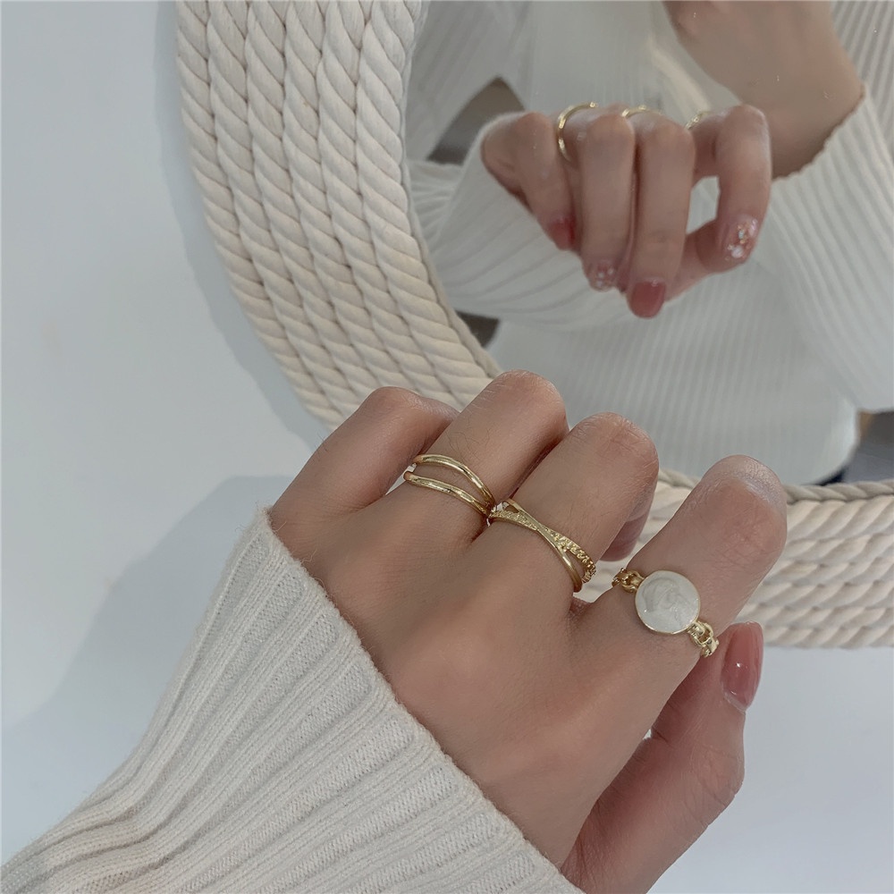 3pcs Set Korean Fashion Design Cincin Ukuran Terbuka Dapat Disesuaikan untuk Wanita dan Pria