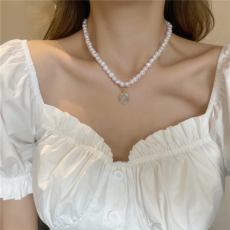 Kalung choker Rantai Klavikula Musim Panas Aksen Mutiara Gaya Perancis