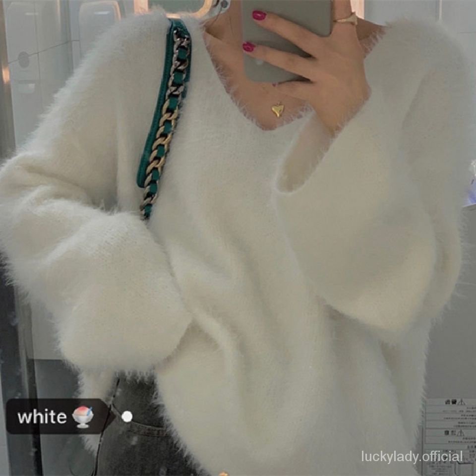 [Ready] Wanita Rajut Gaya Lembut Bulu Imitasi Bulu V-neck Sweater Pullover Wanita Pakaian Luar Longg