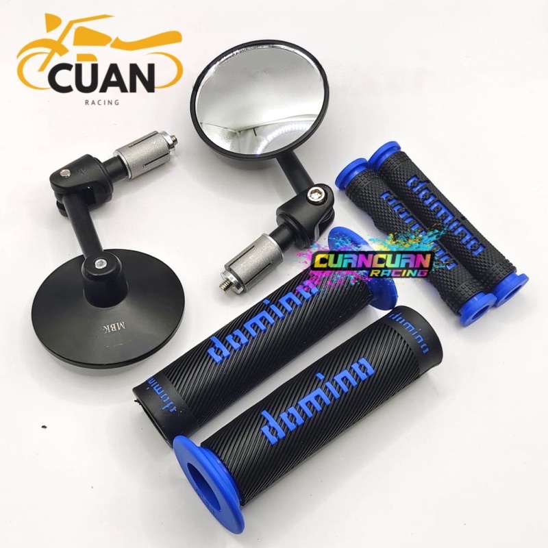 Spion Jalu Cembung plus Handgrip Domino Bulu plus Karet handle Domino 1 paket 3 item Universal all Motor