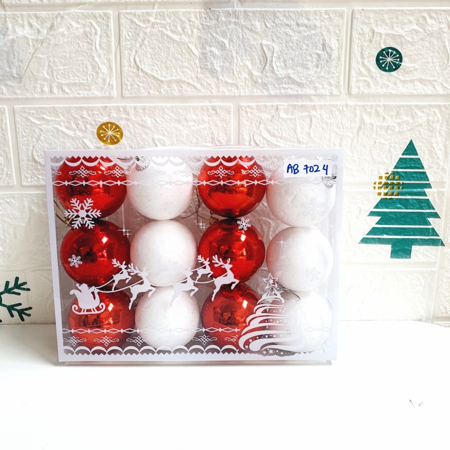 Bola Pohon Natal Merah Putih 1 set 4cm 5cm 6cm 7cm 8cm Hiasan Natal