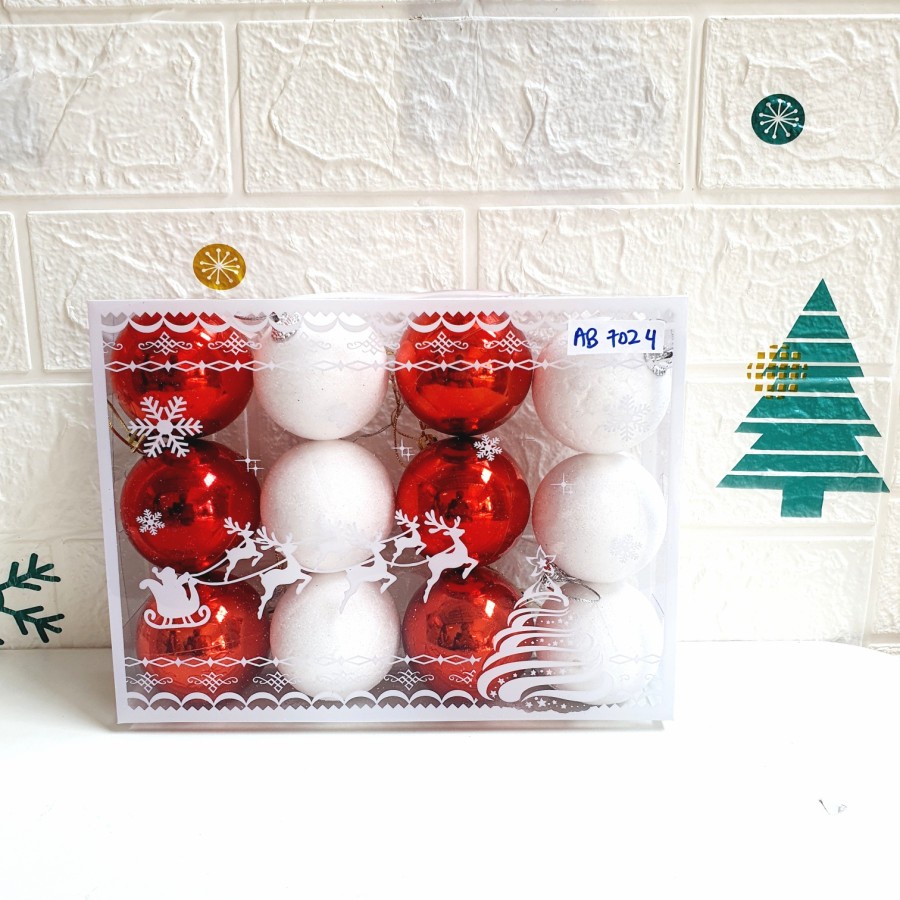 Bola Pohon Natal Merah Putih 1 set 4cm 5cm 6cm 7cm 8cm Hiasan Natal