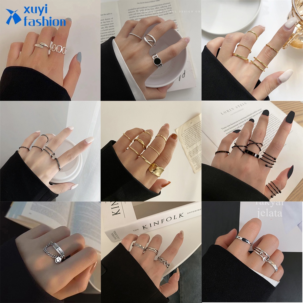 Set Cincin Bentuk Geometrik Bahan Logam Gaya Elegan Untuk Aksesoris Perhiasan Wanita