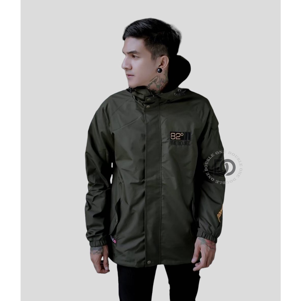 DOUBLE ONE - Jaket Hoodie Parasut Casual Reglan Original THE BOJIEL  / Jaket Taslan Pria / Jaket Waterproof Green Army