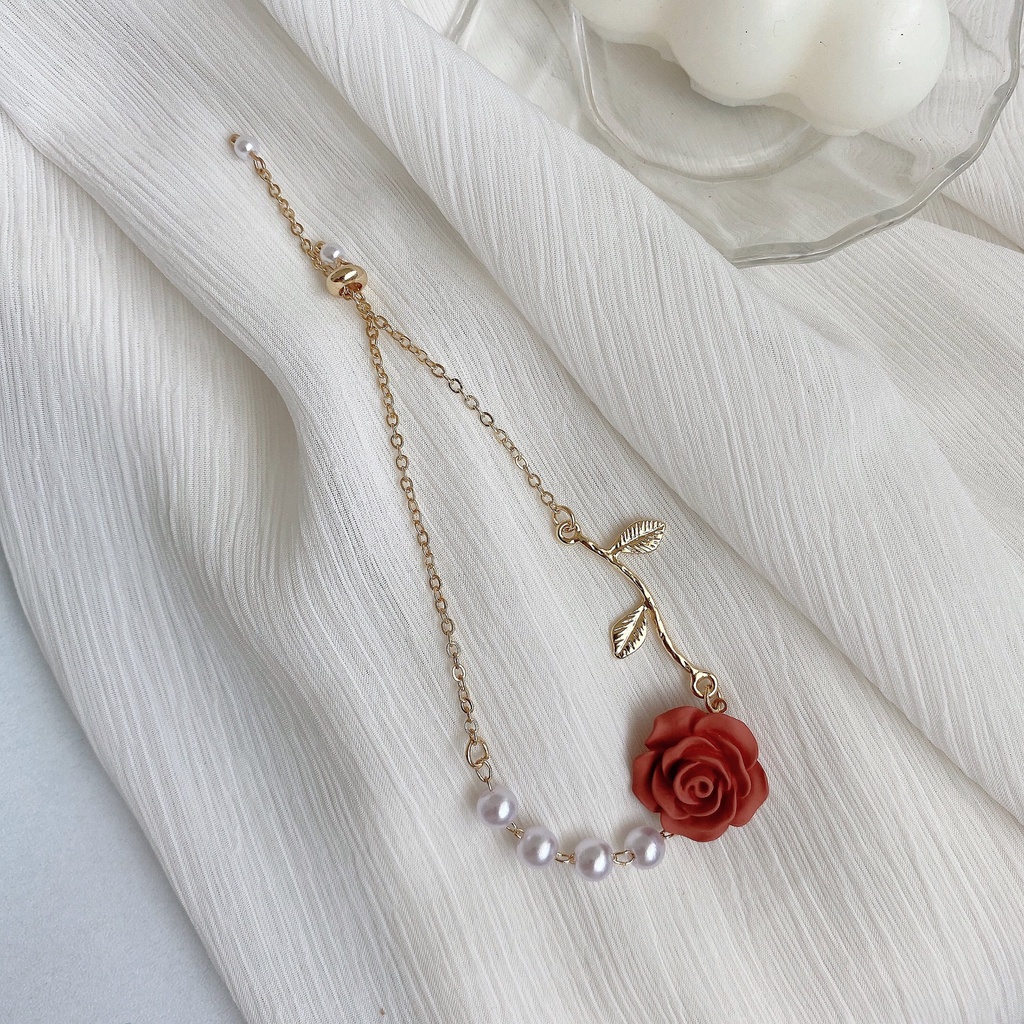 RRNS 073 Gelang Bunga Rose Mutiara Rantai Clavicle Korea Wanita