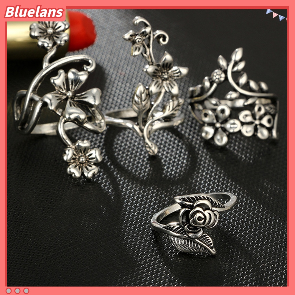 Bluelans Set Cincin Jari Desain Bunga Daun Merambat Gaya Vintage Untuk Wanita