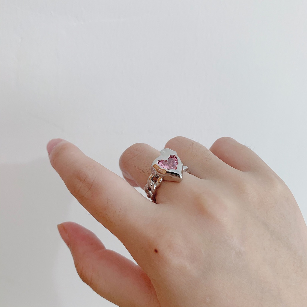 Cincin Model Terbuka Desain Hati Hias Batu Permata Warna Pink Serbaguna Untuk Wanita