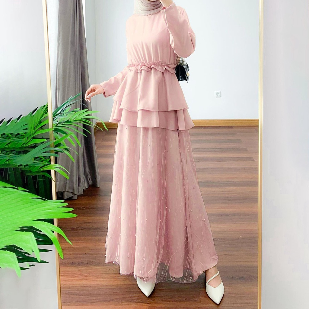 NEW ARRIVAL - Maxi Dress Kondangan Elaine Gamis Brukat Tulle Mutiara / Dress Bridesmaid Kekinian / Baju Kondangan Wanita / Long Dress Outfit Wisuda