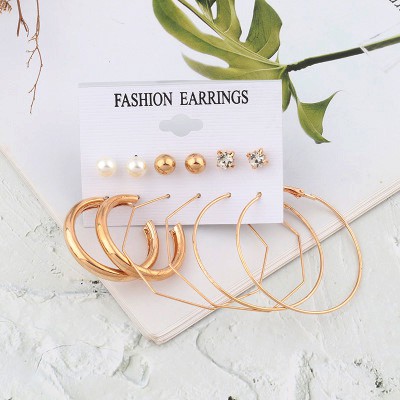 Anting Hoop 6 Pasang/Set Anting Tusuk Korea Mutiara Permata dan Hoop Besar Segi 8 untuk Wanita