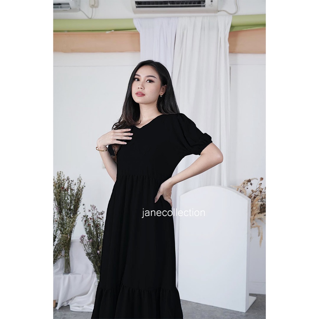 JANE COLLECTION || Midi Dress Wanita Hitam Lengan Balon Ada Karet Panjang Selutut V Neck XL Mila Layer Dress Putih Sage Green Biru Pink