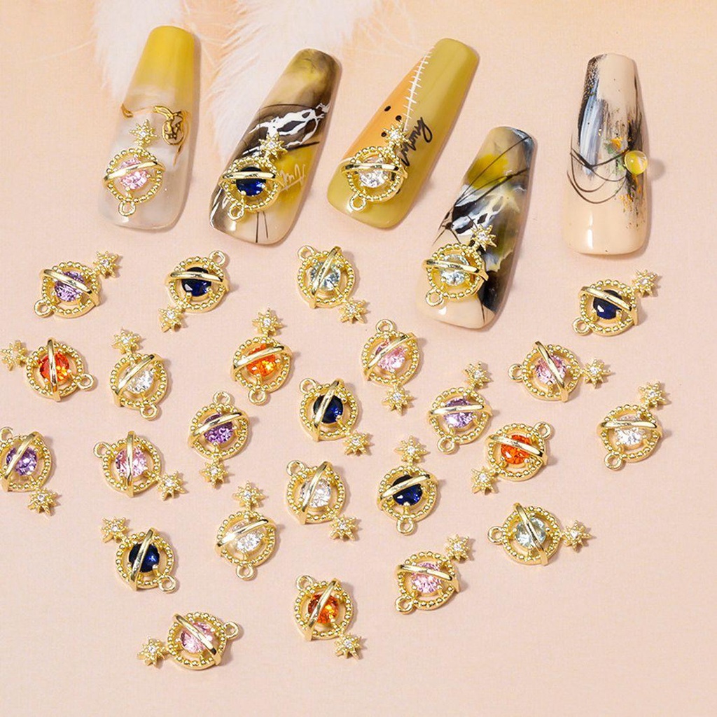 Mxbeauty 3D Nail Art Dekorasi Emas Glitter Manicure Aksesori Salon Saturnus Desain Zirkon Hiasan Kuku Nail Rhinestones