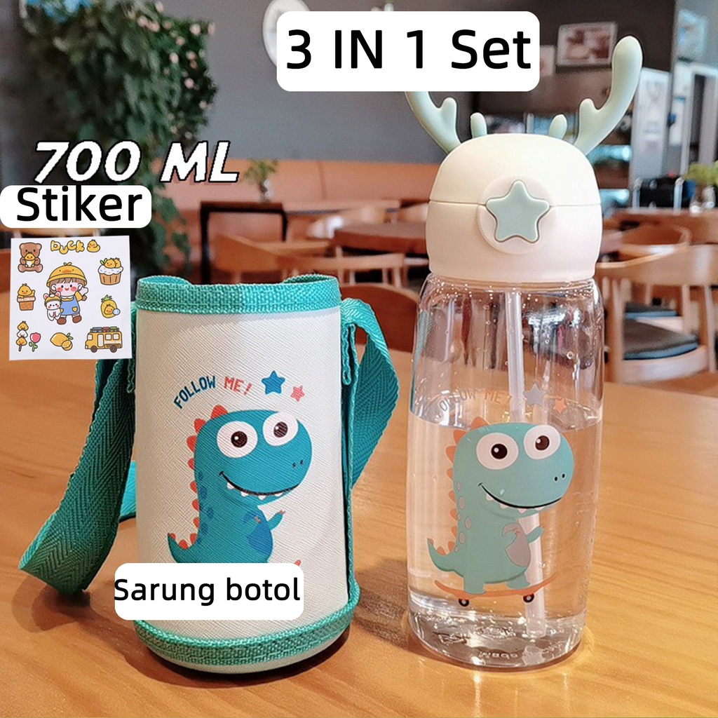 Botol Minum Anak Desain Unik Variasi Motif Karakter terdapat Sedotan BPA FREE bottol minum sedotan cangkir jerami cangkir plastik lucu cangkir kartun portabel 480ML 1000ML-Dino 3 IN 1