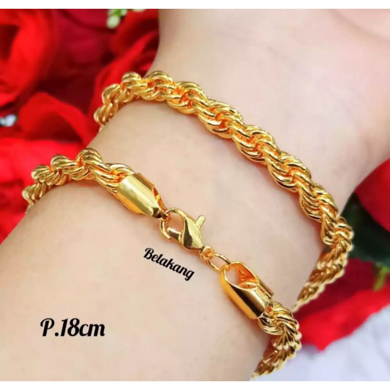 gelang tambang dilapisi kuning emas murni 24k fashion wanita titanium original anti luntur dan karat