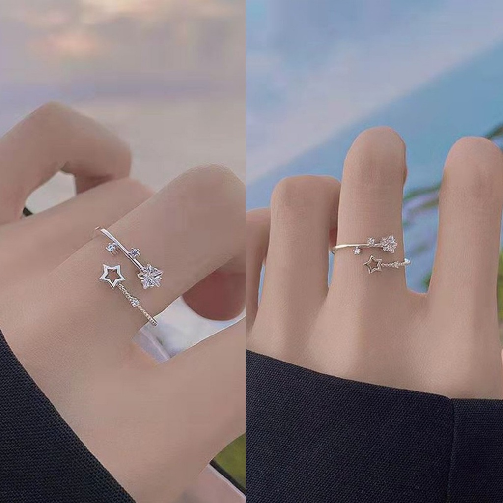 Cincin Model Terbuka Desain Bintang Ganda Hias Zircon Adjustable Kreatif Untuk Wanita