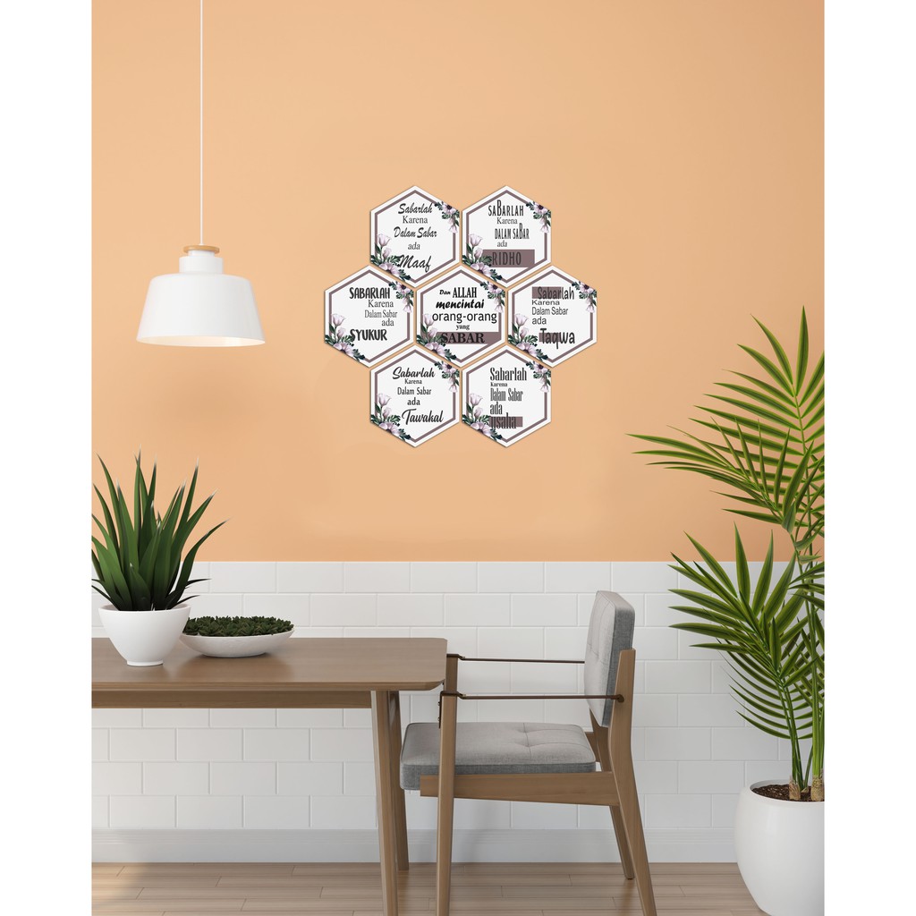 Hiasan Dinding Poster Kayu Pajangan Wall Decor 7in1 Segi Enam Hexagonal Quote Sabar Dekorasi Ruangan