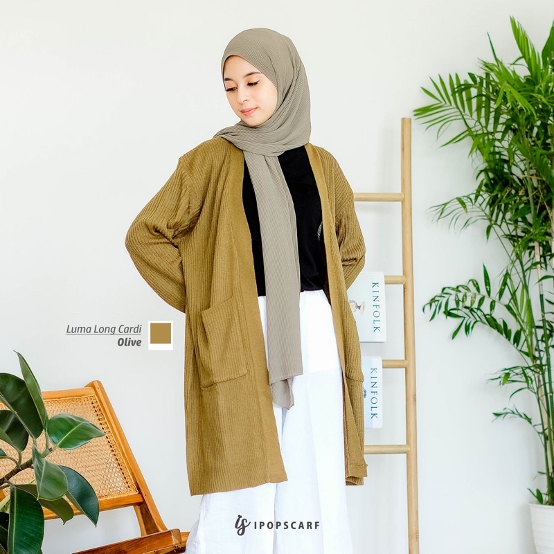 LUMA LONG CARDI | cardigan rajut panjang, soft knit cardigan-OLIVE