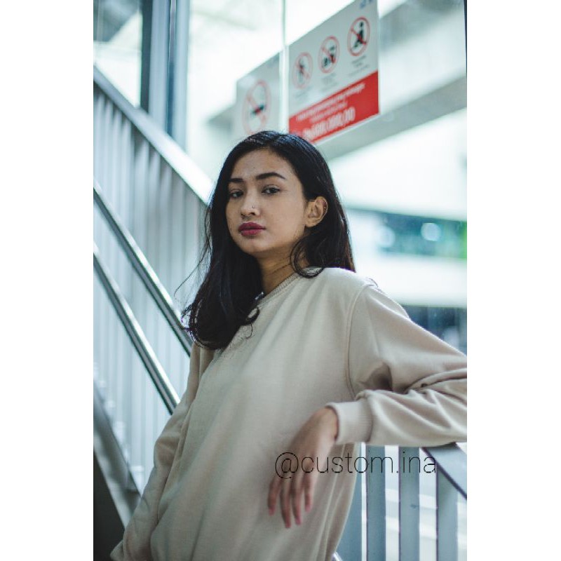 Basic Sweater Polos Beige Cream Crewneck Sweatshirt Pria Wanita Size M - XXXL-4