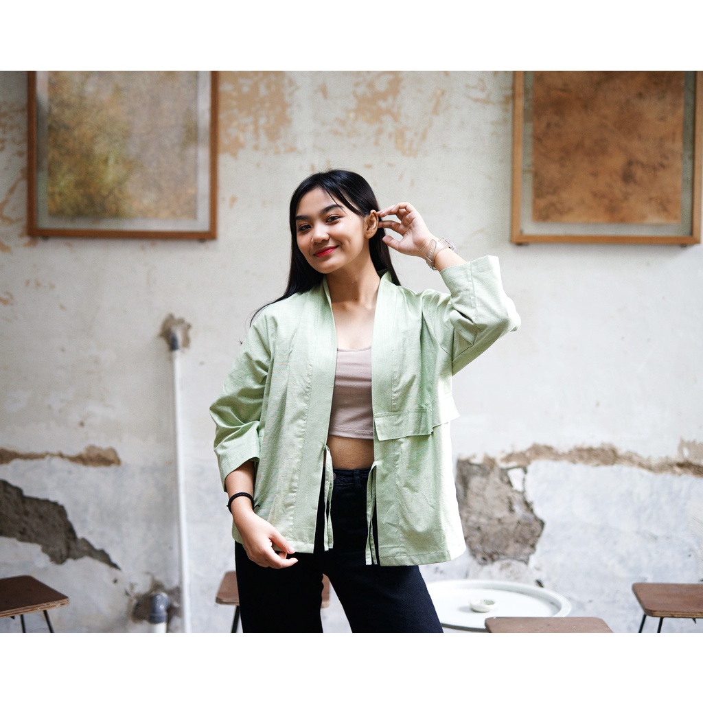 Keenen Kimono Outer Linen Hijau Sage Tali Unisex Premium Quality