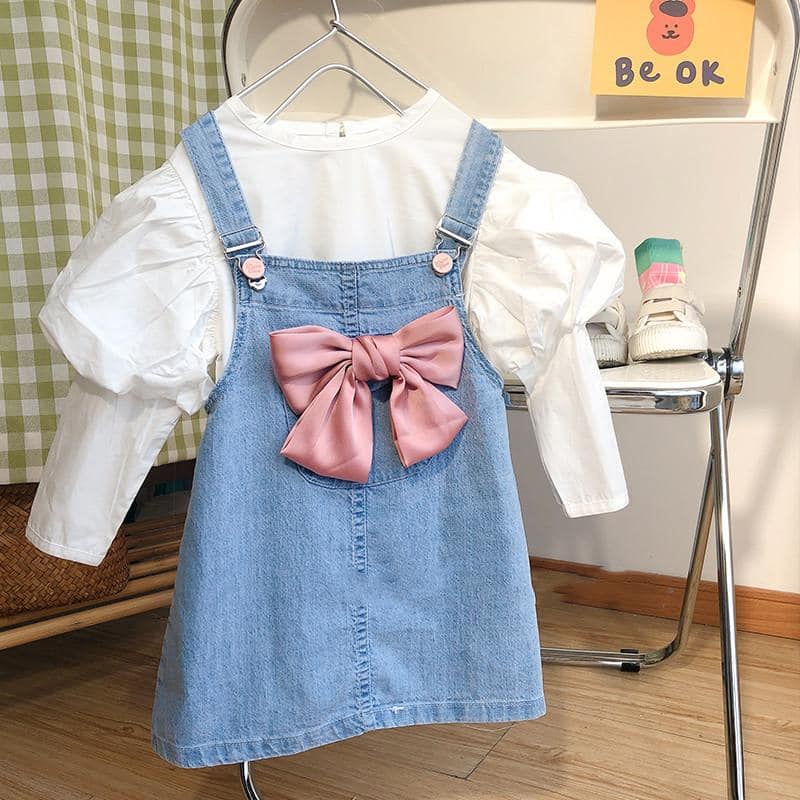 Baju Setelan Overall Jeans Rok Anak Perempuan Impor ukuran 2-8tahun Inner Putih