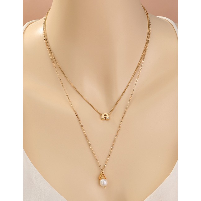 LRC KalungFashion Golden Color Letter Pearl Multilayer Necklace (a Necklace + 26 Letter Accessories)