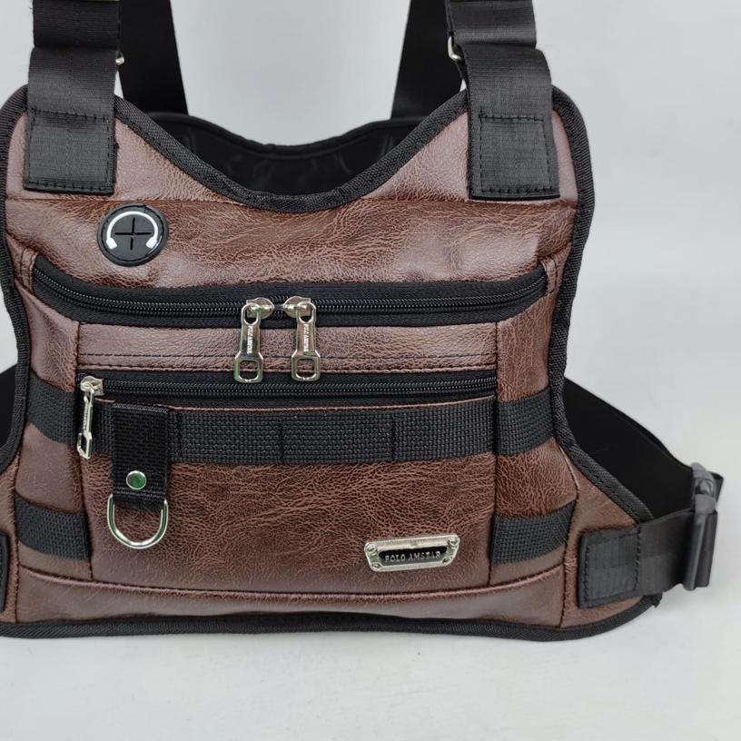 Chest Bag Kulit PU Leather Water Resistant Tas Dada Tactical Chest Rig Outdoor Tas Rompi Tas Selempa