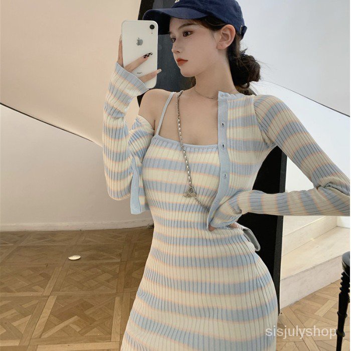 #Sisjuly# Wanita Striped Knit Sling Dress Wanita Slim Midi Dress Dua Potong Wanita