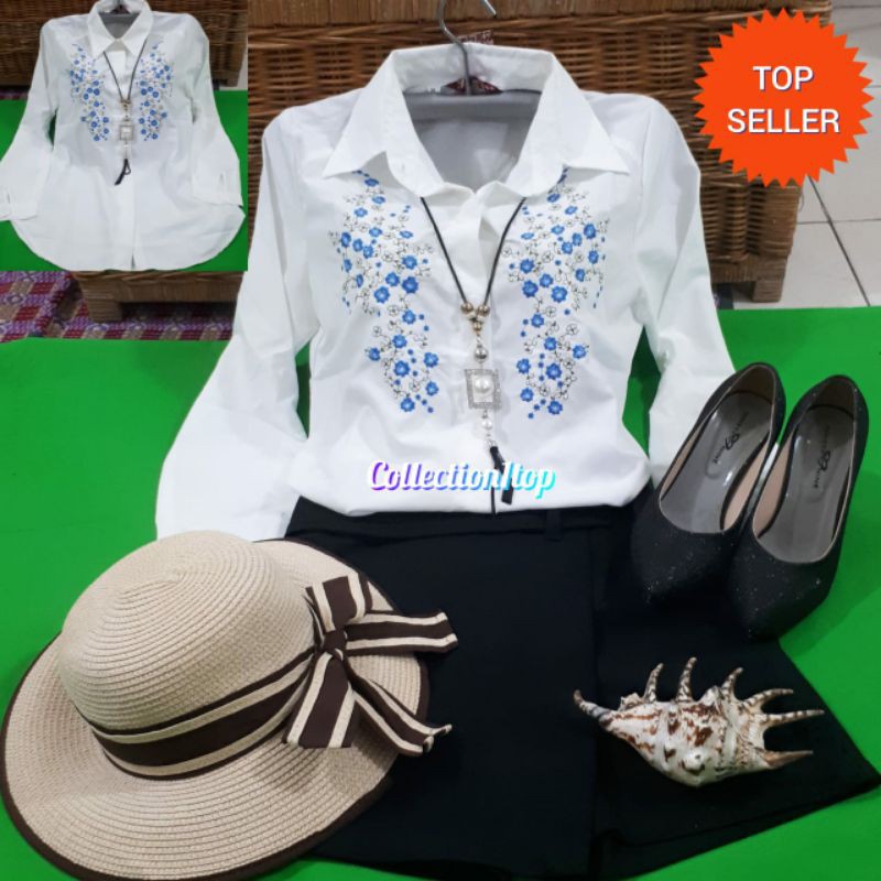 KEMEJA BORDIR BUNGA FASHION CEWEK KATUN PUTIH BORDIRAN IMPORT BKK FASHION WANITA BORDIR KOMPUTER SUL