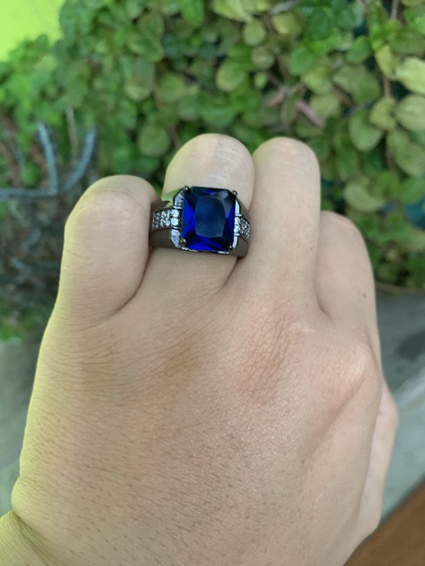 Cincin Pria Casual Akik Safir Biru Blue Saphire Cubic Zirconia Ring Hitam Gold Filled 18K