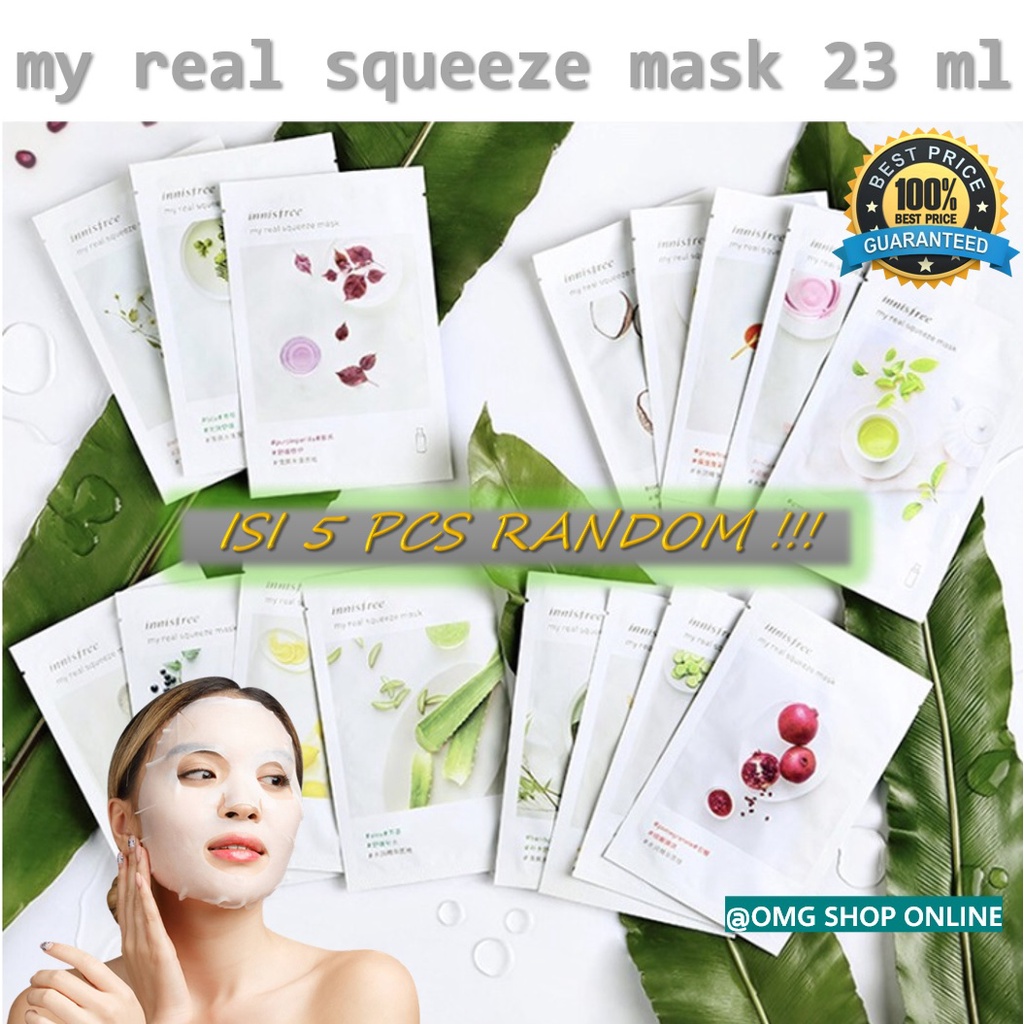 5 Pcs RANDOM Masker Innisfree My Real Squeeze Sheet Mask 23 ml / Masker Wajah Innisfree Glowing / Masker Pemutih Wajah Pencerah Wajah / Masker Wajah Organik Innisfree / Masker Korea Pelengkap Serum Wajah – Masker Muka Pria Wanita Skincare TERLARIS