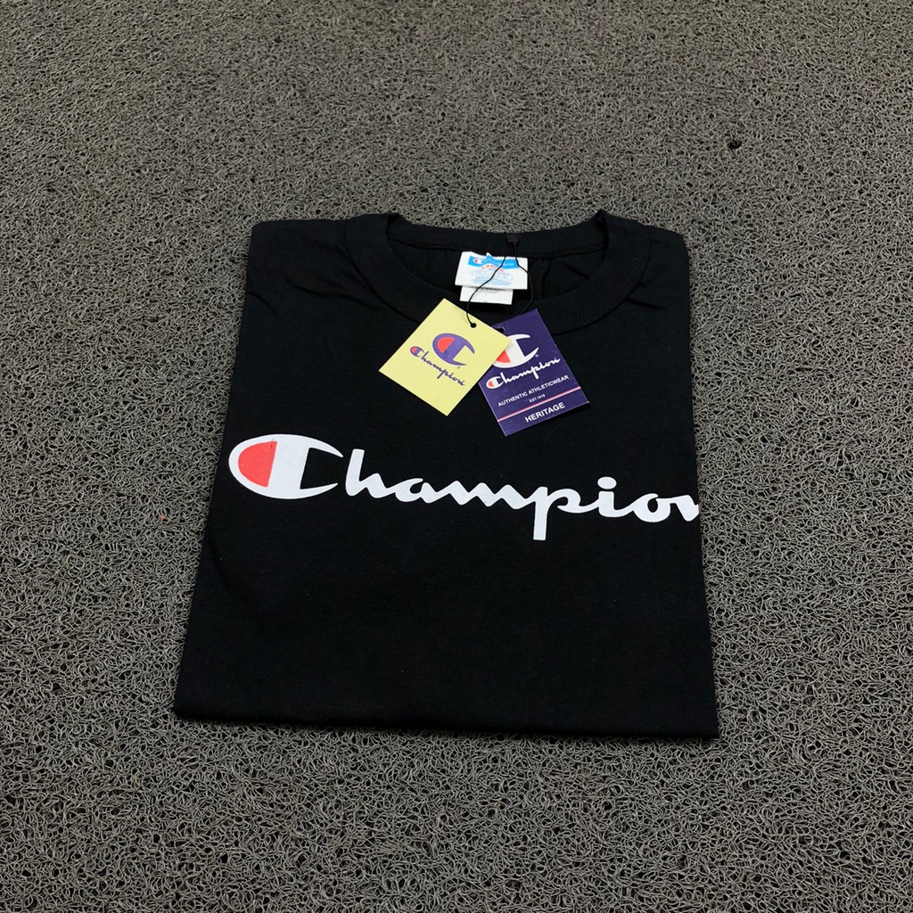 KAOS T SHIRT TEE CHAMPION PRINT BIG SCRIPT LOGO HITAM AUTHENTIC PREMIUM BESTSELLER