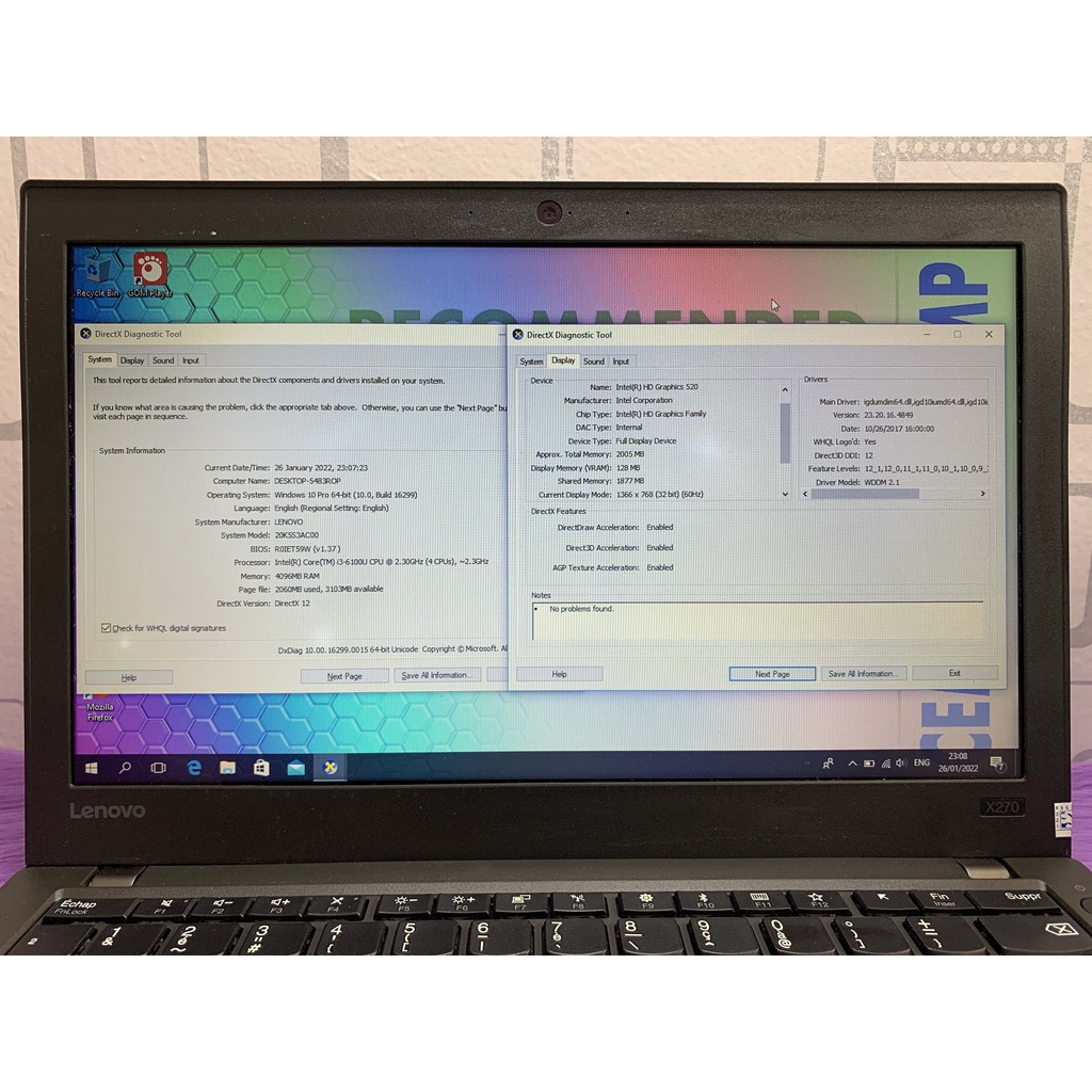 Lenovo ThinkPad X270 Core i3-6100U 4GB SSD128GB Bukan X260 X250 X240 T440 T450 T460