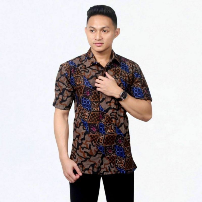 Kemeja Batik Pria Katun Halus BSWART Batik HRB026 Kenongo Hem Pendek Padi Pekalongan M