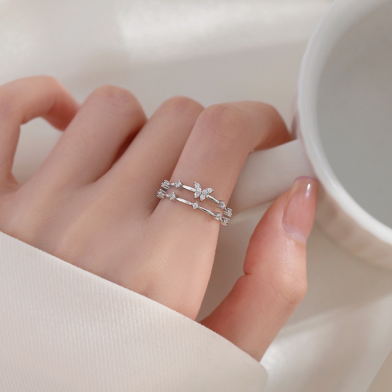 Cincin Model Terbuka Bahan Sterling Silver 925 Desain Kupukupu Ganda Hias Berlian Untuk Wanita