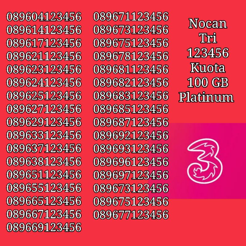 Nomor Cantik Nocan Urut Naik 123456 Kartu Perdana Tri Three 4G LTE Kuota 100GB Platinum