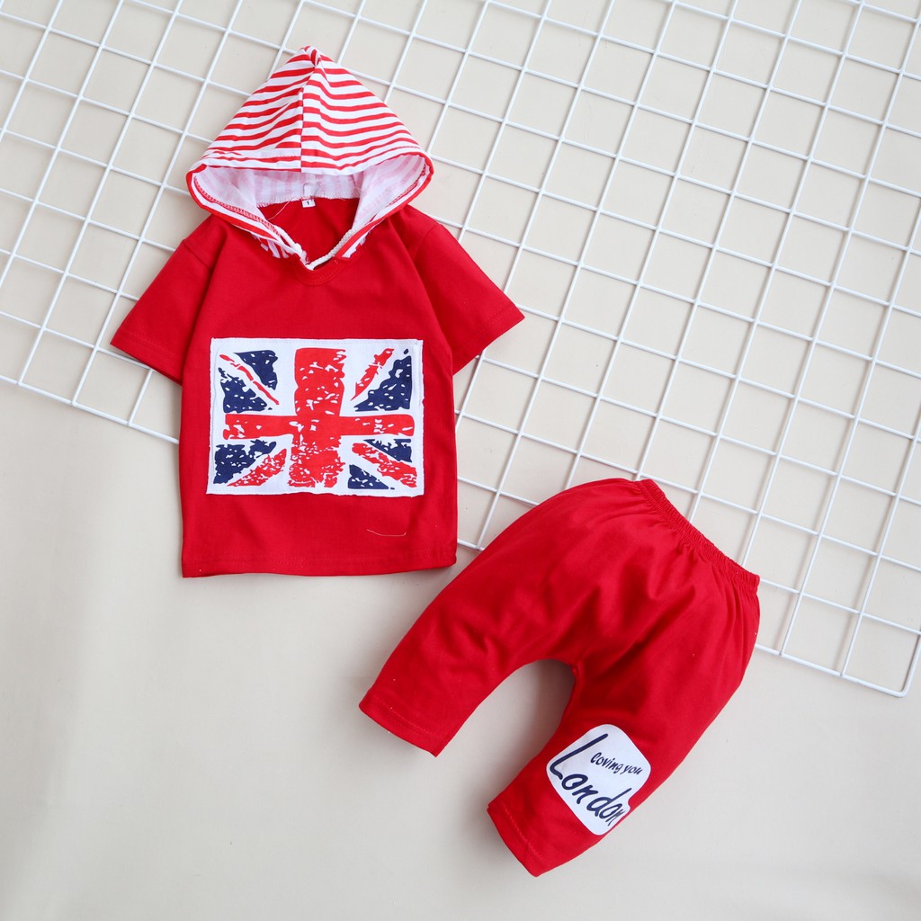 Setelan Baju Celana Anak Bayi Laki-laki Usia 6 bulan - 6 tahun IMK Motif England Hoodie Merah