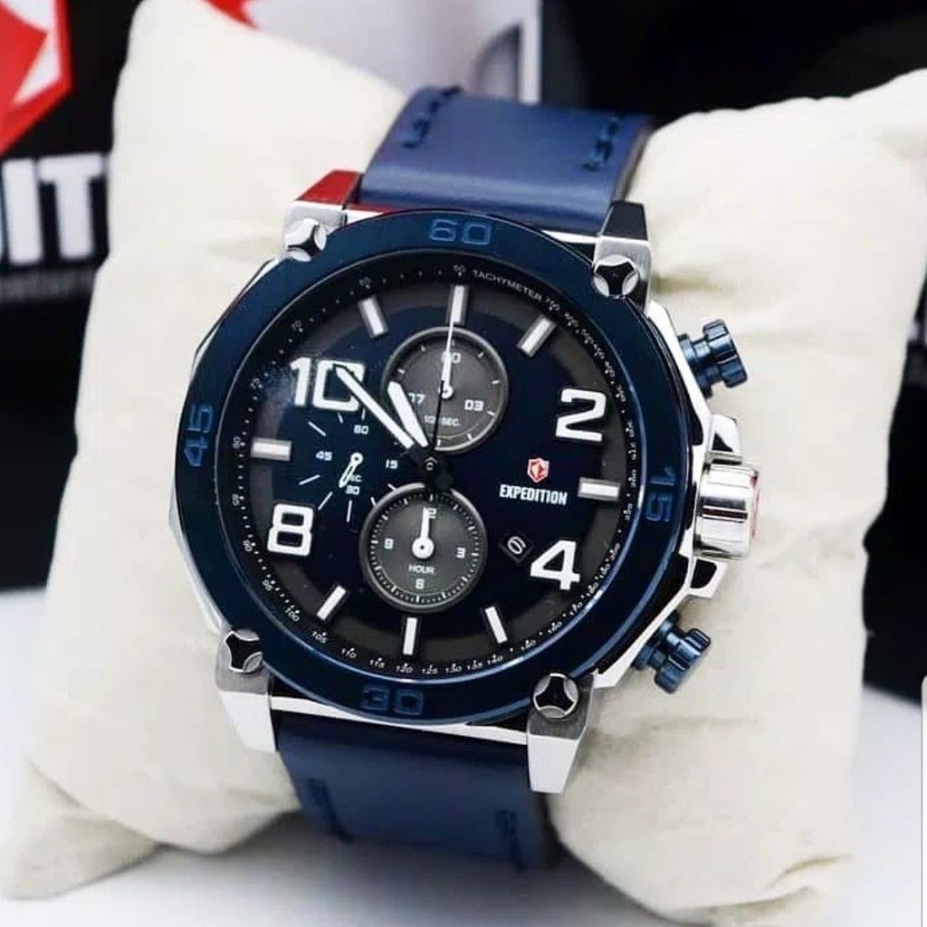 expedition original E6766 biru silver tali kulit asli