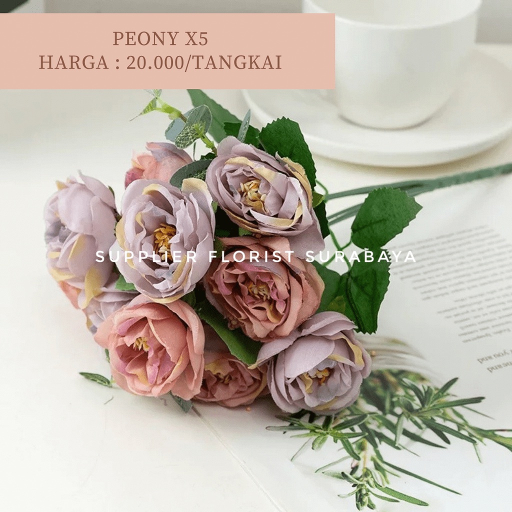 BUNGA PEONY KECIL CABANG 5 @2 KEPALA, TOTAL 10 KEPALA BUNGA ARTIFICIAL FLOWER BUNGA MAINAN BUNGA PALSU