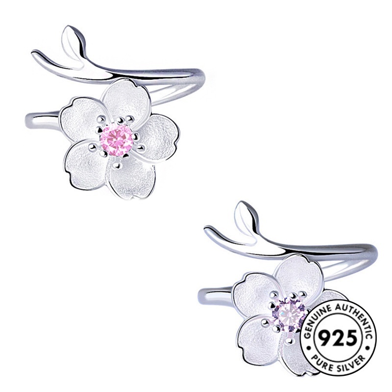 Cincin Desain Bunga Sakura Aksen Berlian Bahan S925 Silver Gaya Minimalis