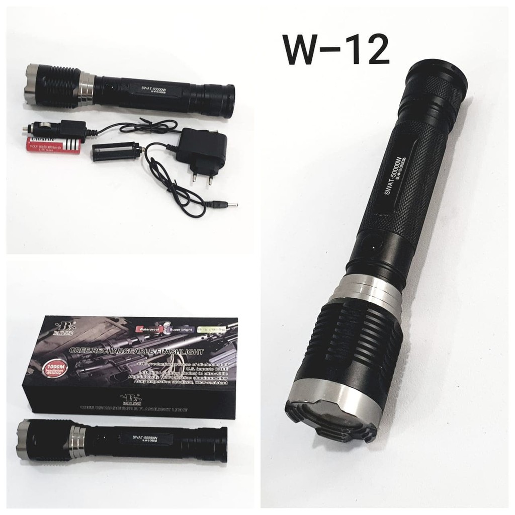 Terbaru SENTER LED CAS W12 CHARGER FLASHLIGHT WATERPROOF W-12 OUTDOOR