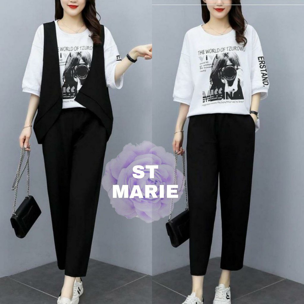 SETELAN MARIE FASHION WANITA 3in1 KAOS/ROMPI/CELANA GOOD QUALITY KASUAL