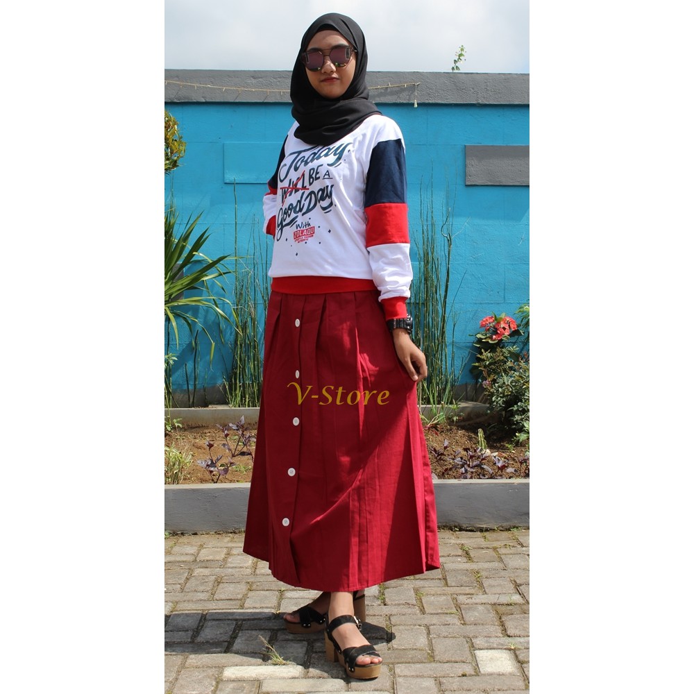 Rok Rempel Depan Rok Panjang Wanita Rok Katun / Rok Panjang Kancing Rok Modis Warna Merah