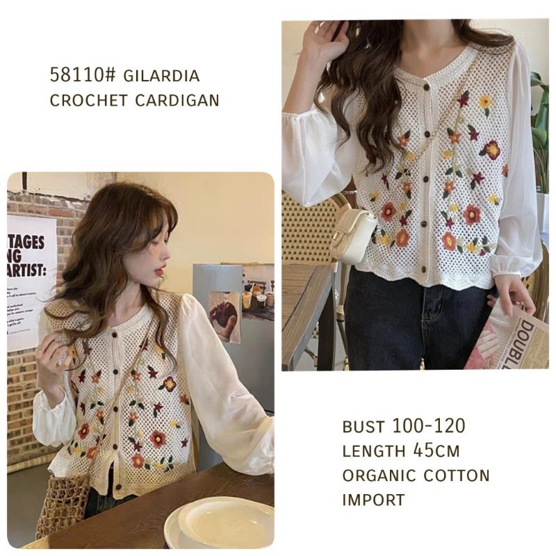 MDLV 58110 GILARDIA CROCHET CARDIGAN KOREA TERBARU CARDIGAN BRUKAT LENGAN PANJANG FASHION IMPORT