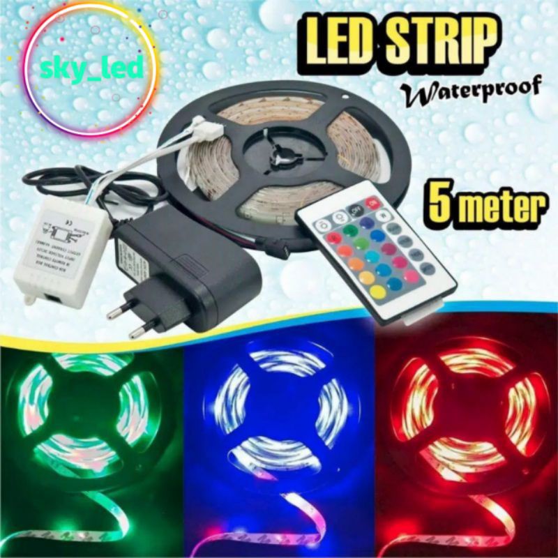 PKAET Lampu Led Strip RGB Warna Warni IP44 2835 3528 Komplit Set Adaptor Remote