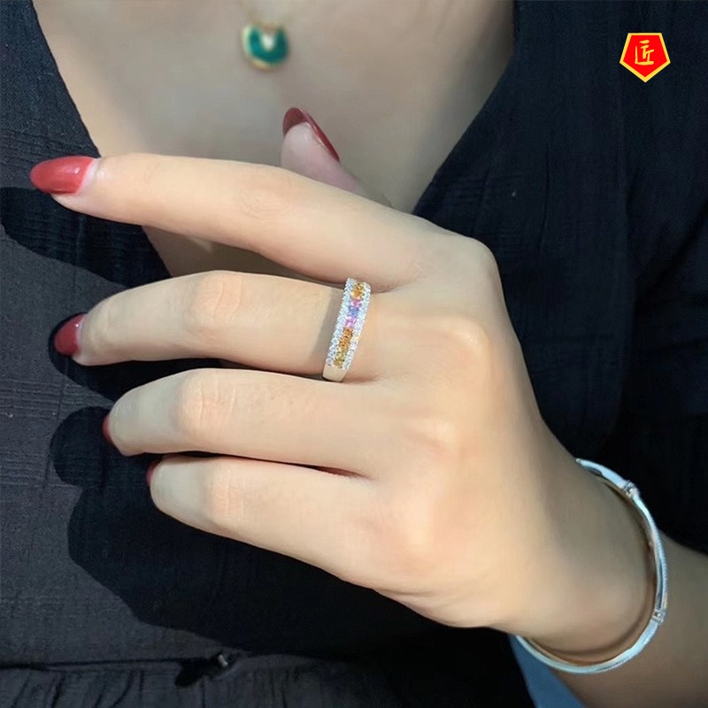 [Ready Stock]Affordable Luxury Temperament 18K Golden Colored Gems Row Ring