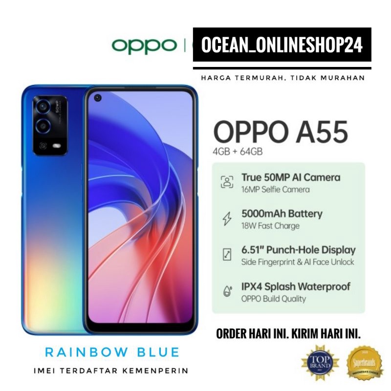 OPPO A55 RAM 4GB 64GB - RAINBOW BLUE - 50MP - HELIO G35 - IPX4 - 5000mAh