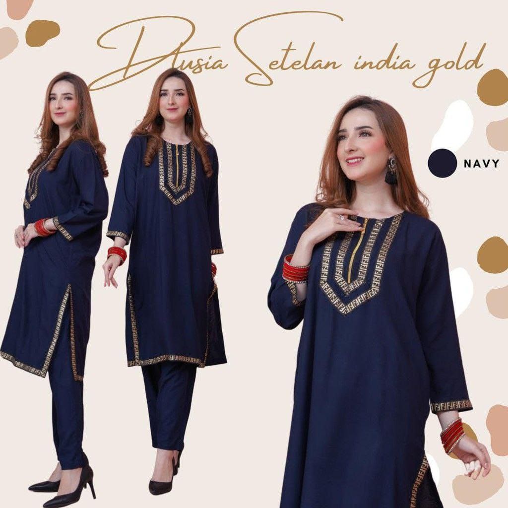 Dlusia India One Set Wanita Tunik Renda Jumbo Rayon Premium Setelan Wanita Lengan Pendek Set Baju Muslim Kekinian LD  125 cm